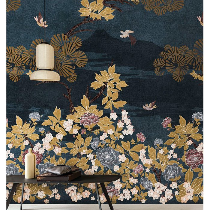 Casamance|Mural pared paisaje japonés artístico con flores y montañas azul|Murales de Pared