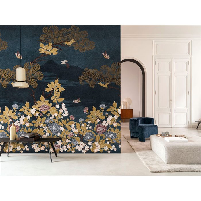 Casamance|Wall mural Japanese artistic landscape with flowers and blue mountains|Wallmurals