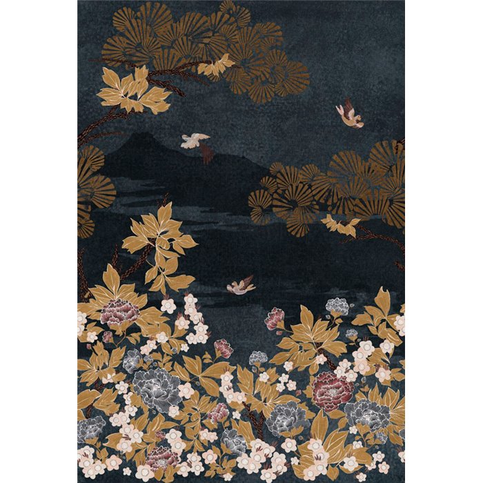 Casamance|Wandbild japanische künstlerische Landschaft mit Blumen und blauen Bergen|Wandbild