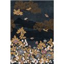 Casamance|Mural pared paisaje japonés artístico con flores y montañas azul|Murales de Pared