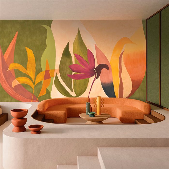 Mural pared fresco botánico abstracto flores modernista amarillo verde - Casamance Casa Azul 76343772