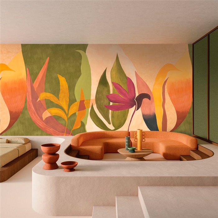 Mural pared fresco botánico abstracto flores modernista amarillo verde - Casamance Casa Azul 76343772