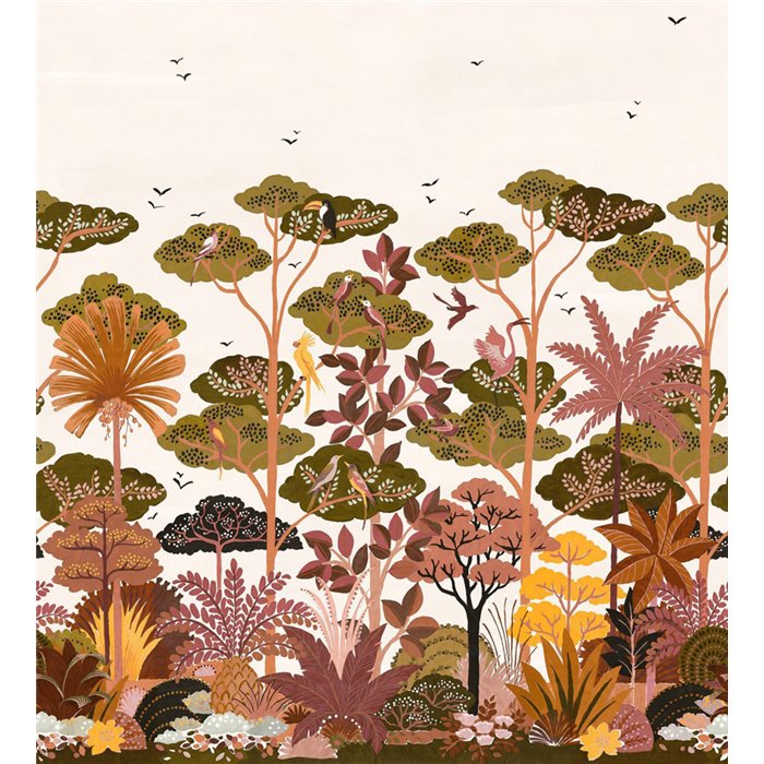 Casamance|Papier peint panoramique paysage tropical oiseaux et arbres style Art Nouveau|Panoramiques