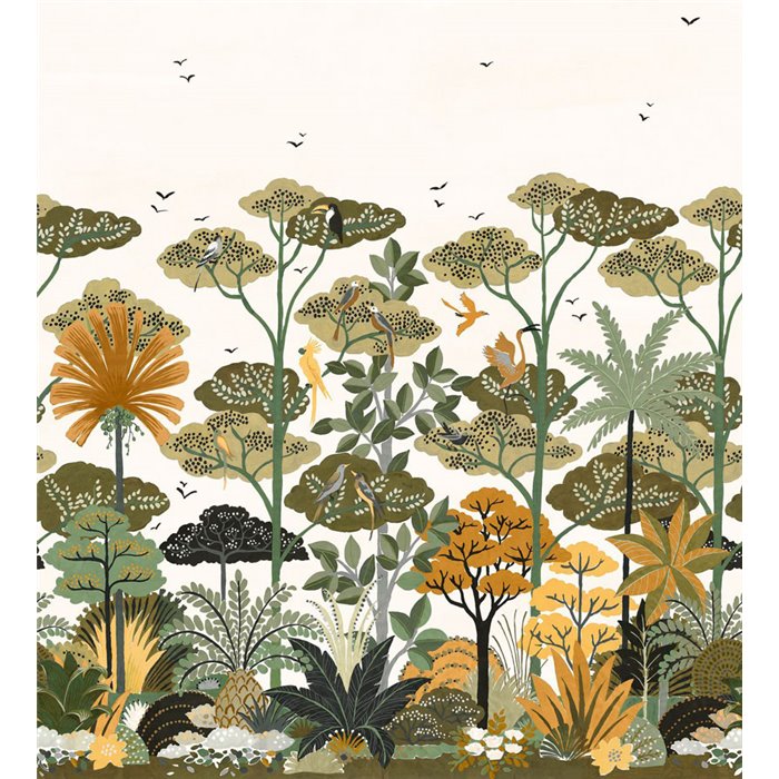 Casamance|Papier peint panoramique forêt tropicale oiseaux exotiques style Art Nouveau|Panoramiques