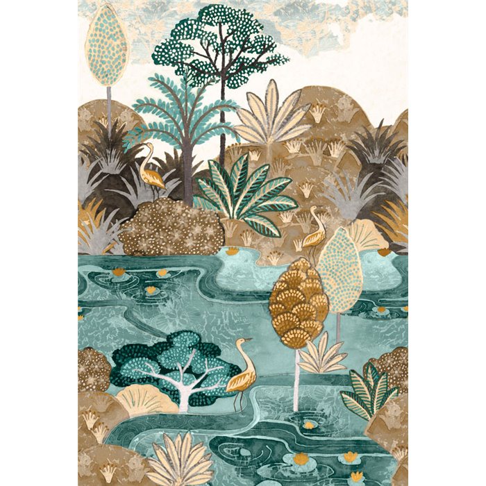 Casamance|Papier peint panoramique paysage tropical Aruba palmiers récifs et flamants roses|Panoramiques