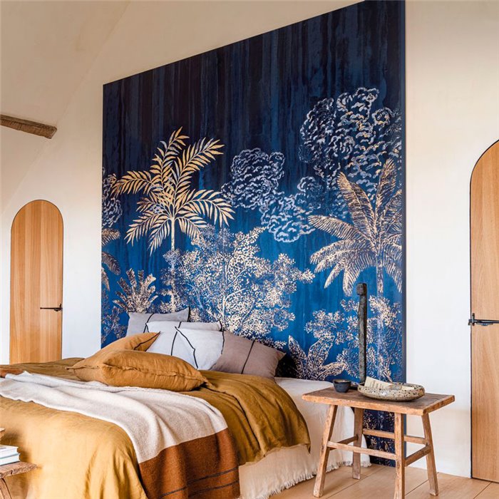 Casamance|Mural pared palmeras tropicales azul estilo botánico vintage|Murales de Pared