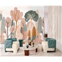 Casamance|Papier peint panoramique forêt minimaliste vert rose artistique|Panoramiques