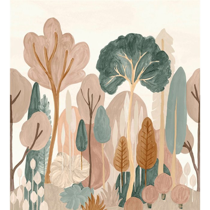 Casamance|Papier peint panoramique forêt minimaliste vert rose artistique|Panoramiques