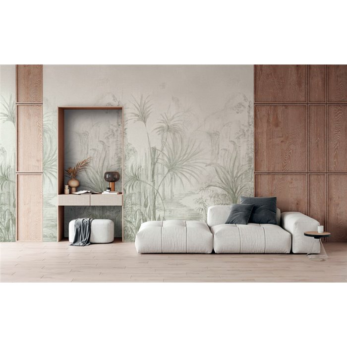 Mural pared boceto al carboncillo paisaje tropical con palmeral verde - Casamance Panoramas 3 76411426