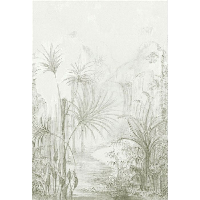 Mural pared boceto al carboncillo paisaje tropical con palmeral verde - Casamance Panoramas 3 76411426