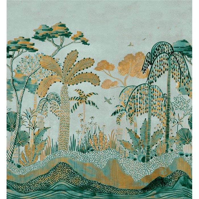 Casamance|Papier peint panoramique paysage tropical palmiers style Art Nouveau|Panoramiques