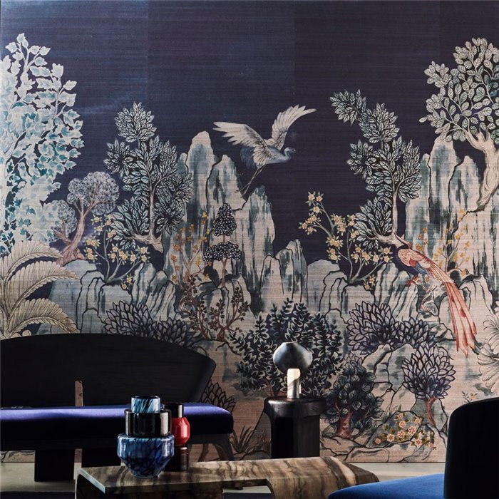 Casamance|Mural pared paisaje montañoso arte asiático gris azul|Murales de Pared