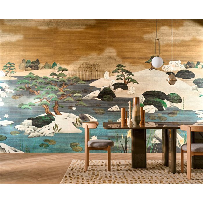 Mural pared paisaje oriental jardín y estanque japonés azul - Casamance Exploration 71530123