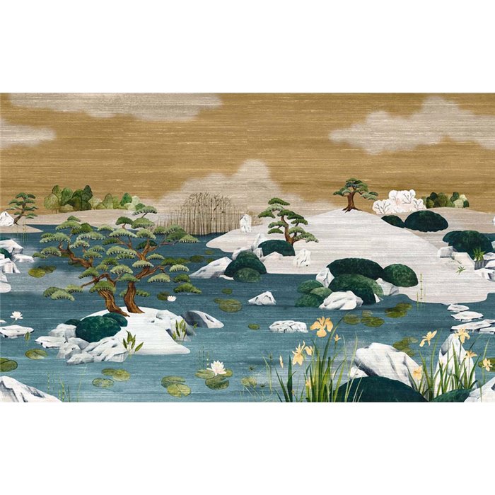 Mural pared paisaje oriental jardín y estanque japonés azul - Casamance Exploration 71530123
