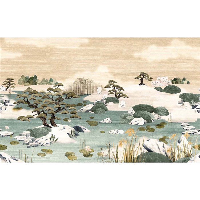 Casamance|Mural pared paisaje oriental jardín y estanque japonés verde|Murales de Pared