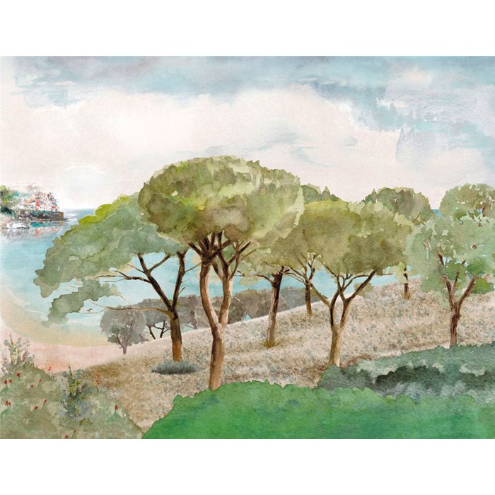 Casadeco|Papier peint panoramique paysage méditerranéen avec pins et village côtier|Panoramiques