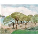 Casadeco|Papier peint panoramique paysage méditerranéen avec pins et village côtier|Panoramiques