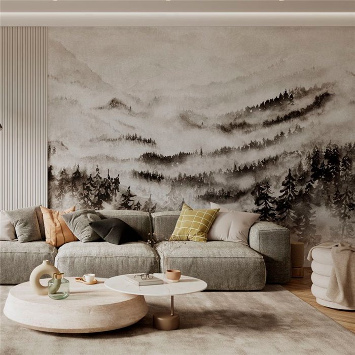 Mural pared paisaje alpino bajo la niebla matinal - Casadeco Wanderwalls 200189112