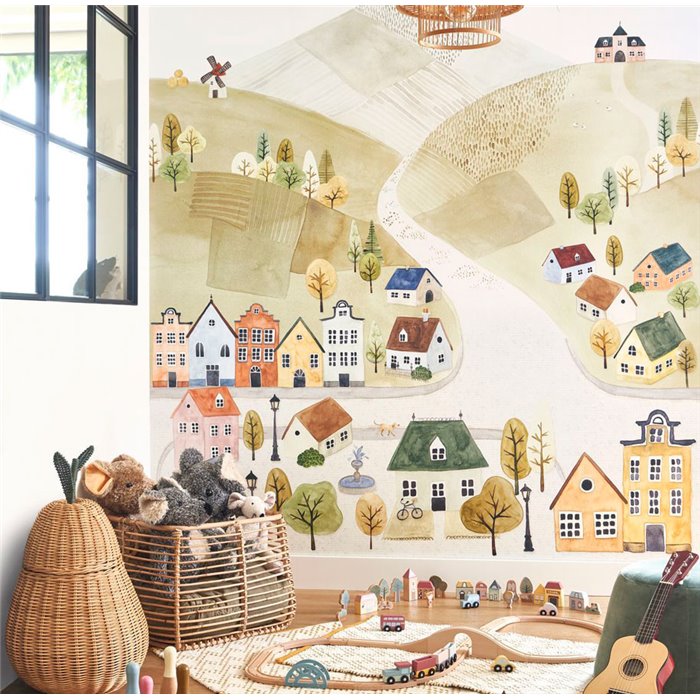 Casadeco|Mural pared casas de pueblo y globos aerostáticos|Murales de Pared