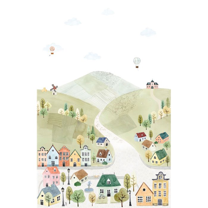 Casadeco|Papier peint panoramique maisons de village et montgolfières|Panoramiques
