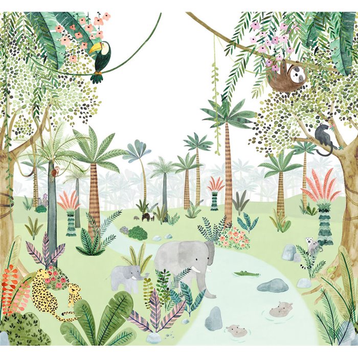 Casadeco|Papier peint panoramique jungle avec adorables animaux|Panoramiques