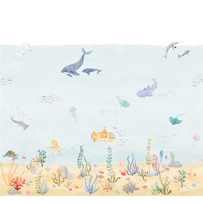 Casadeco|Papier peint panoramique fond marin avec cétacés poissons et crustacés|Panoramiques