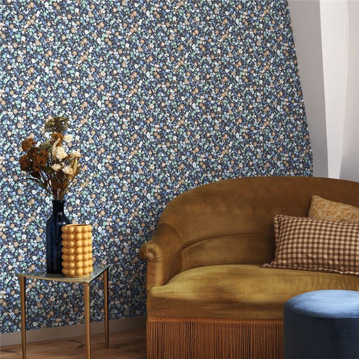 Casadeco|Papier peint à petites fleurs bleues, style Liberty|Floral
