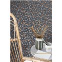 Casadeco|Papier peint bleu fleuri avec groseilles et myrtilles orange|Floral