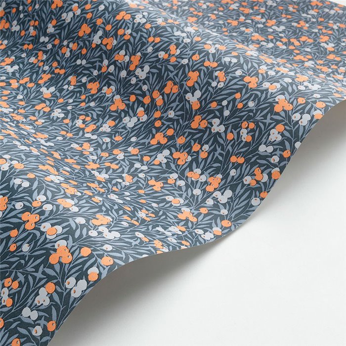 Casadeco|Papier peint bleu fleuri avec groseilles et myrtilles orange|Floral