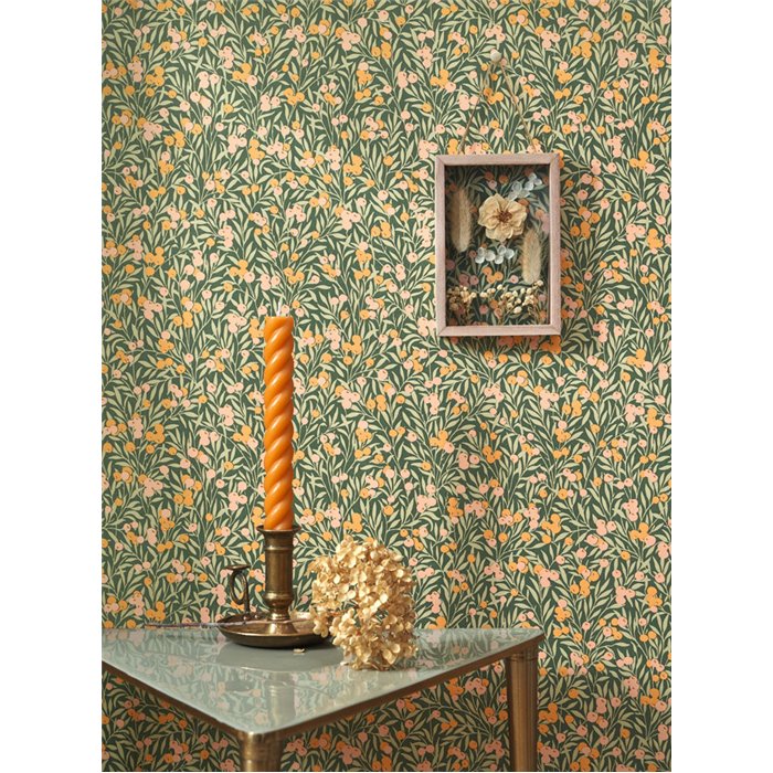 Casadeco|Grüne ländliche Blumentapete mit Johannisbeeren und Blaubeeren|Blumen