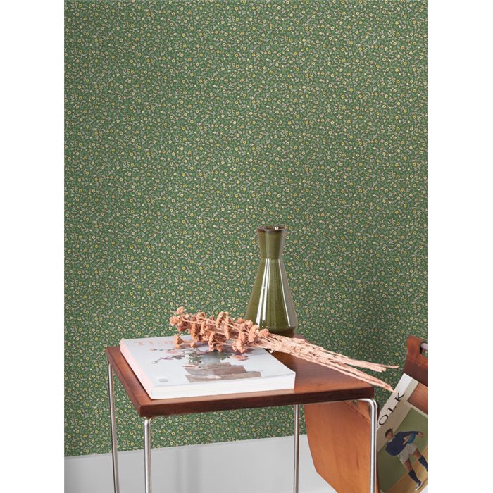 Casadeco|Tapete mit kleinen grünen Blumen, Vergissmeinnicht|Blumen