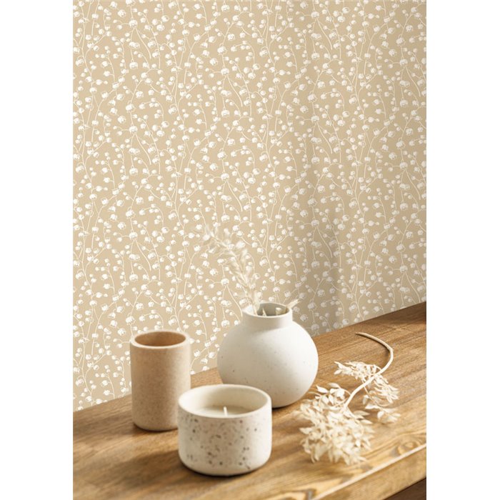 Casadeco|Small flower wallpaper with beige vanilla lily of the valley|Floral