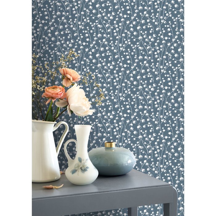 Casadeco|Blue wallpaper with small flowers and lily of the valley|Floral