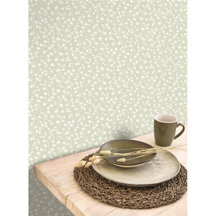 Casadeco|Papier peint à petites fleurs tons pastel, muguet vert|Floral