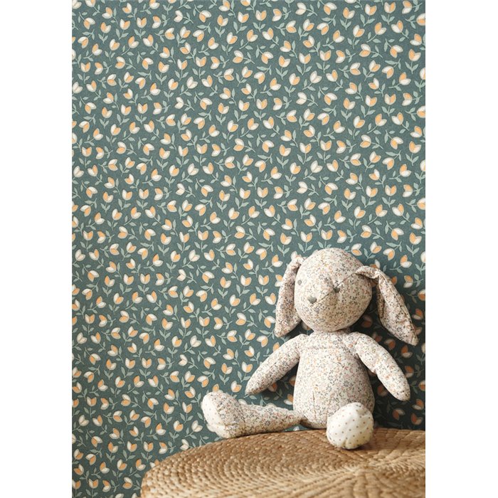 Casadeco|Floral wallpaper with small green tulips, minimalist style|Floral