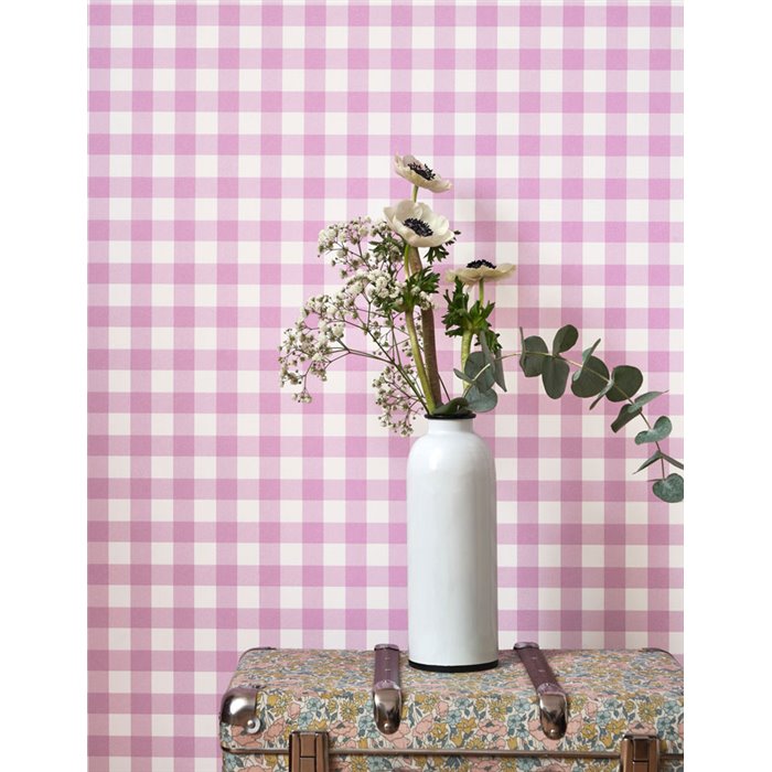 Casadeco|Pink and lilac small gingham check wallpaper|Checkered