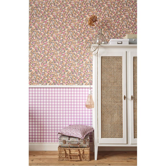 Casadeco|Papel pintado estampado Vichy cuados pequeños rosas y lila|Cuadros