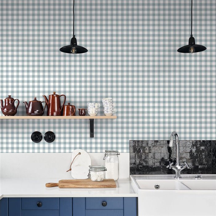 Casadeco|Papier peint à petits carreaux vichy bleus|Carreaux