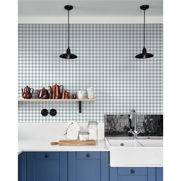 Casadeco|Papier peint à petits carreaux vichy bleus|Carreaux