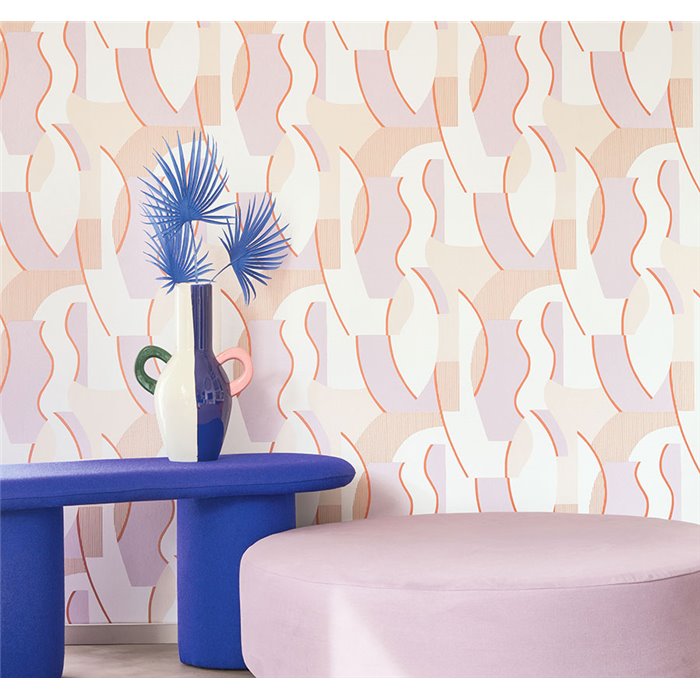 Papel pintado moderno con siluetas abstractas lilas y beige - Casadeco Milano Sixties 89335151