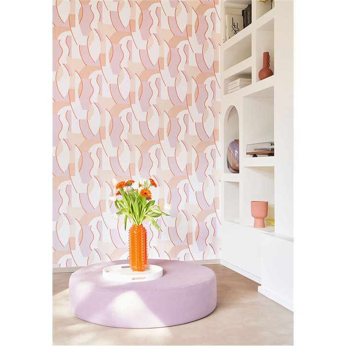 Papel pintado moderno con siluetas abstractas lilas y beige - Casadeco Milano Sixties 89335151