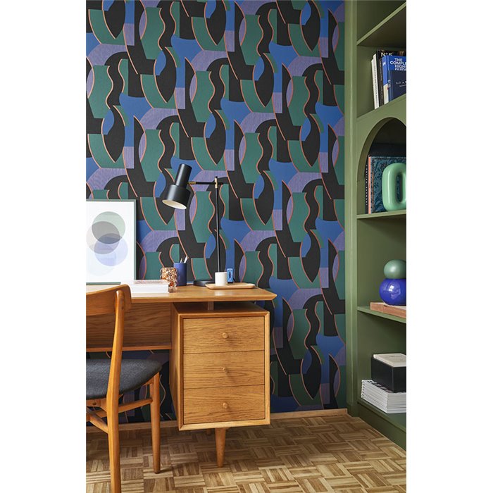 Casadeco|Wallpaper with faces and abstract silhouettes in blue and green, figurative style|Retro