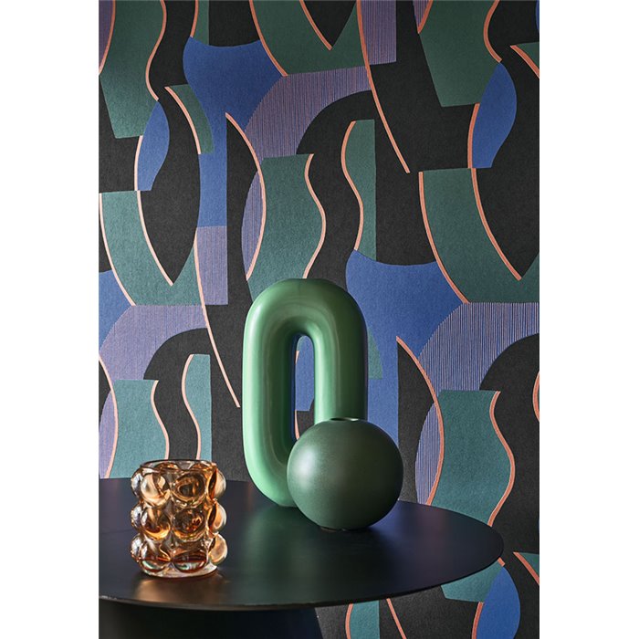 Casadeco|Wallpaper with faces and abstract silhouettes in blue and green, figurative style|Retro