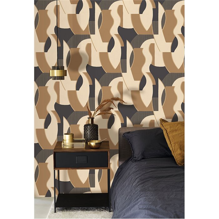 Casadeco|Modern wallpaper with abstract shapes in beige and black|Modern
