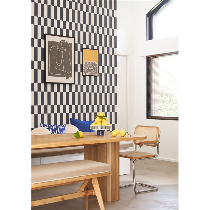 Casadeco|Papel pintado geométrico con formas rectangulares blanco crema y negro|Retro