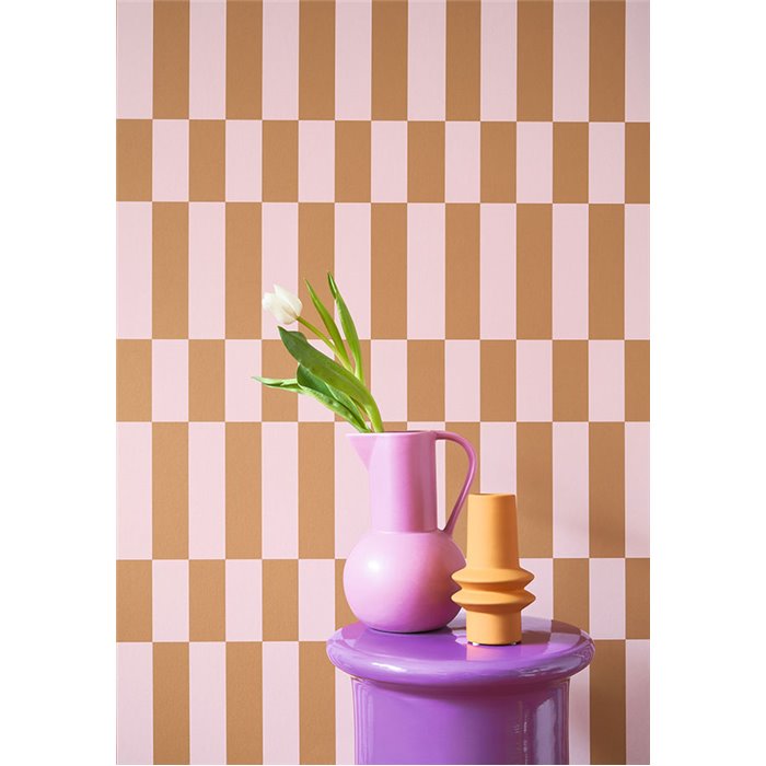 Casadeco|Retro-style wallpaper in brown and mauve with rectangular shapes|Retro
