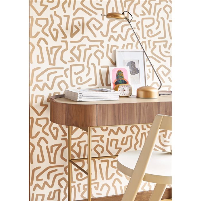 Casadeco|Papier peint moderne à motif labyrinthe blanc et beige|Papier Peint