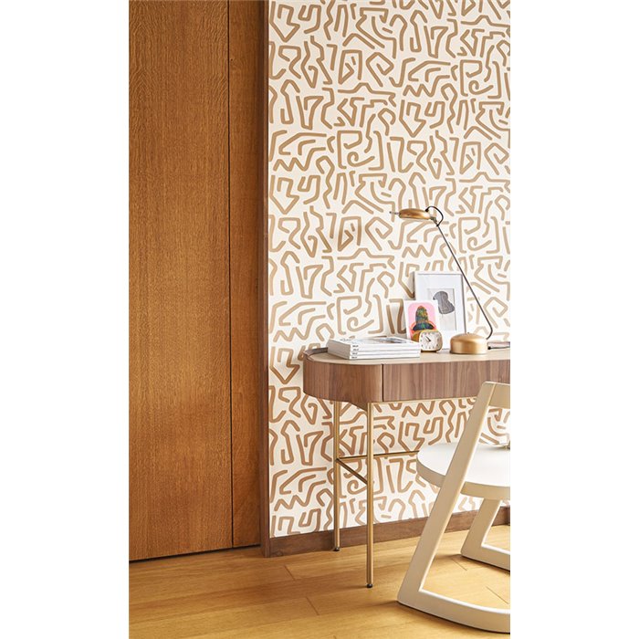 Casadeco|Papier peint moderne à motif labyrinthe blanc et beige|Papier Peint