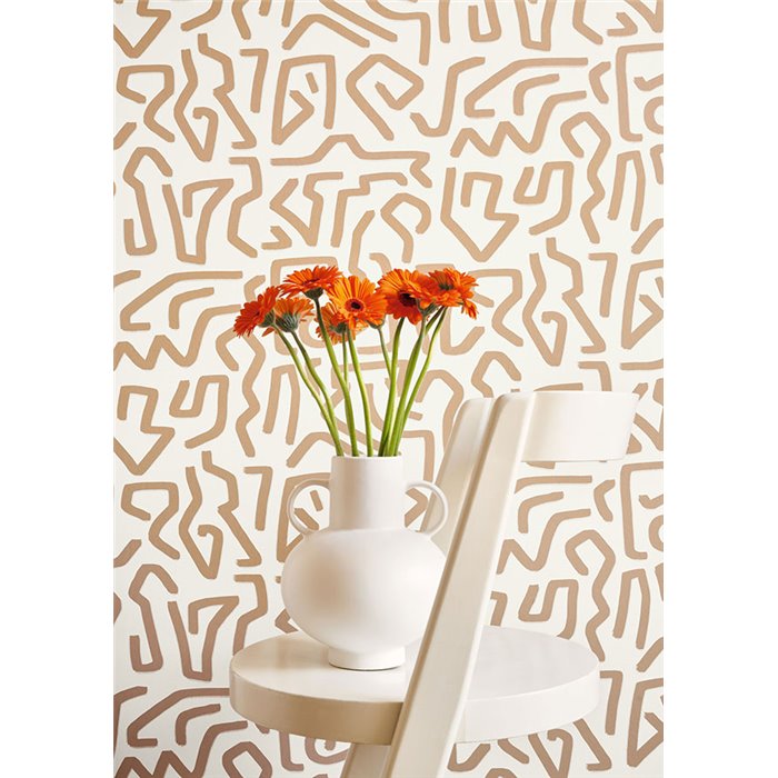 Casadeco|Papier peint moderne à motif labyrinthe blanc et beige|Papier Peint