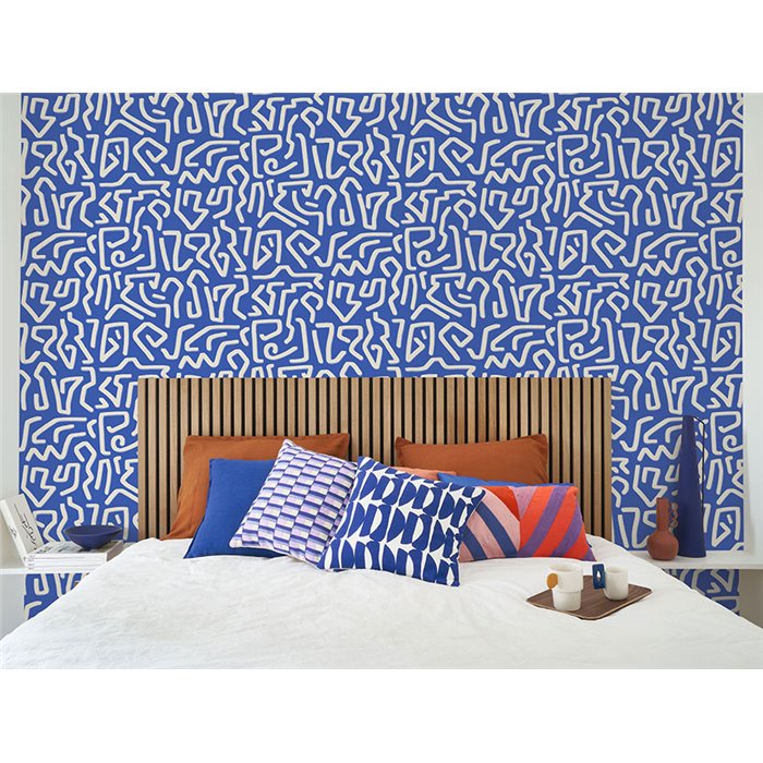 Casadeco|Papel pintado moderno azul forma de laberinto, inspiración Keith Haring|Abstracto